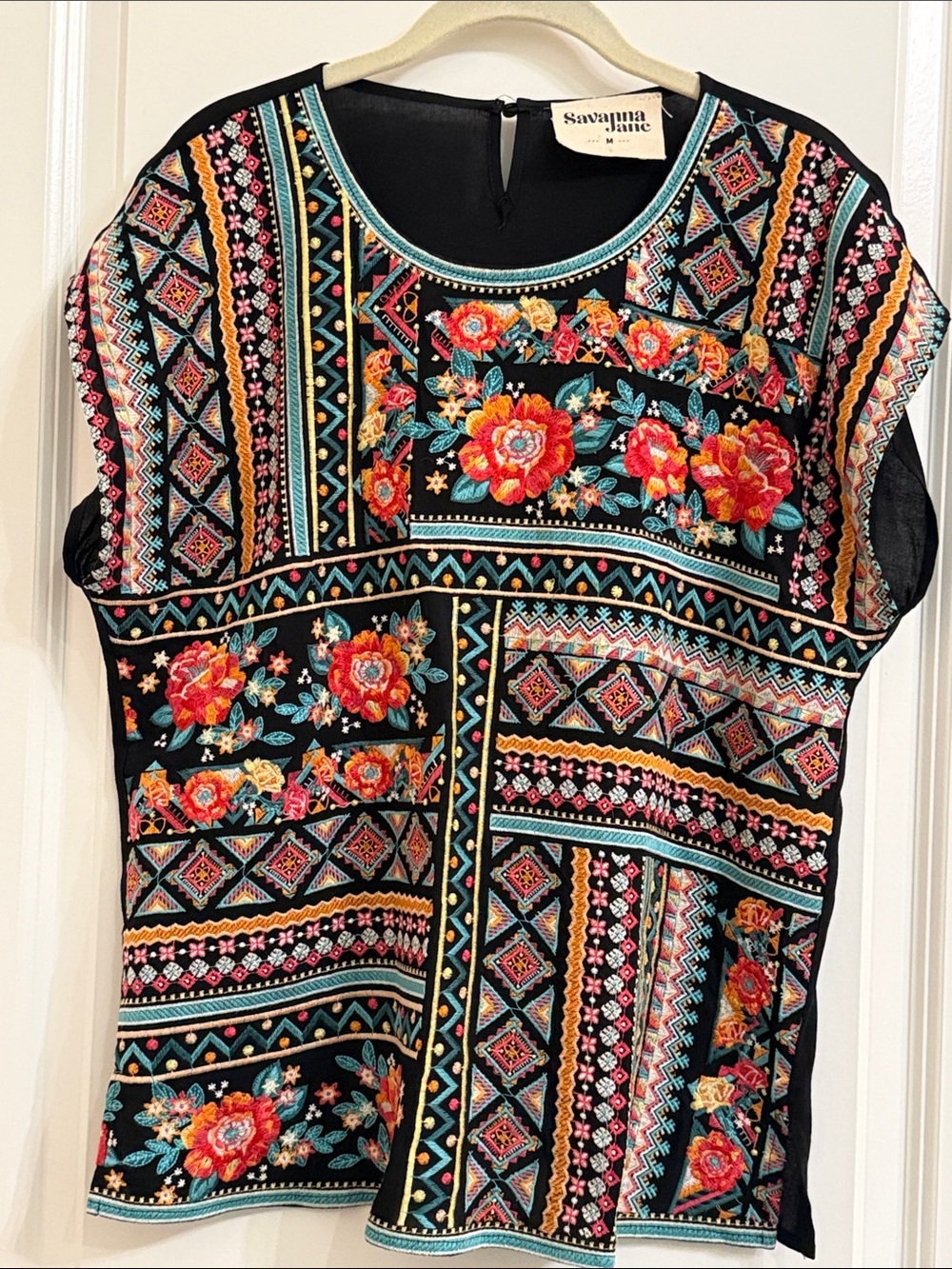 Savanna Jane Black Embroidered Floral Patchwork Top with Coral & Teal